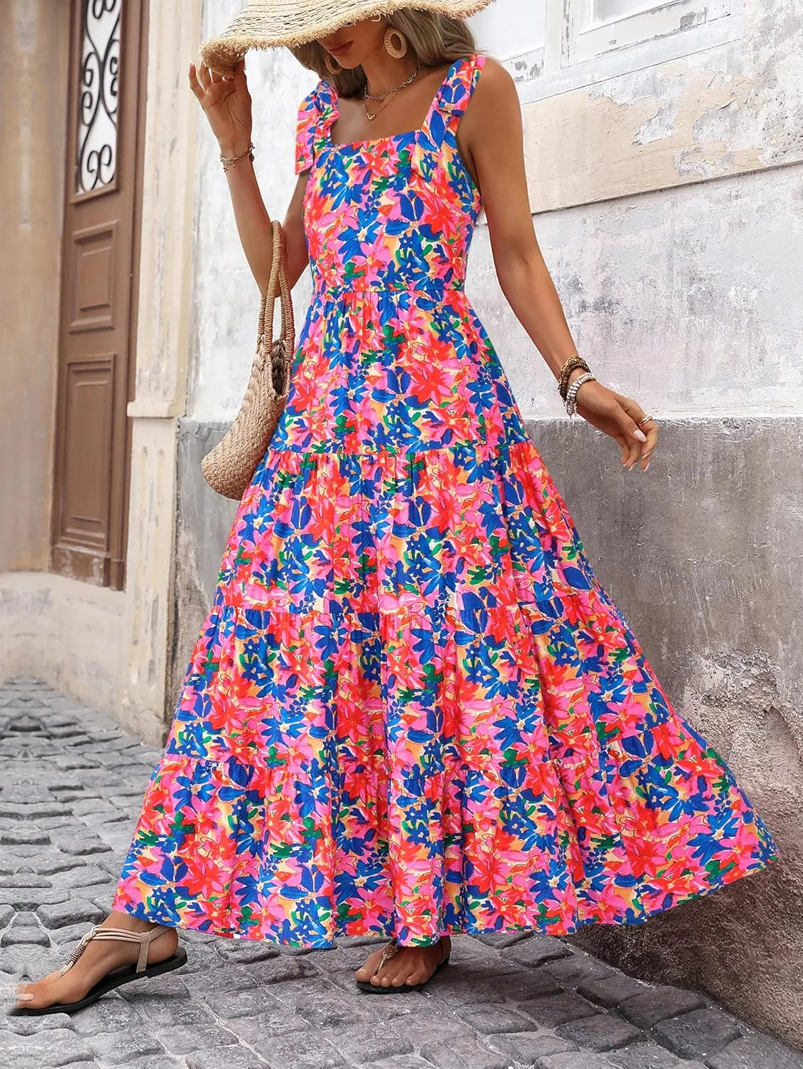 PRETTYGARDEN Women Dresses 2025 Summer Floral Sleeveless Maxi Dress Casual Spaghetti Strap Tiered Flowy Beach Long Dress