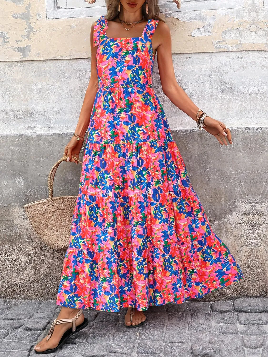 PRETTYGARDEN Women Dresses 2025 Summer Floral Sleeveless Maxi Dress Casual Spaghetti Strap Tiered Flowy Beach Long Dress