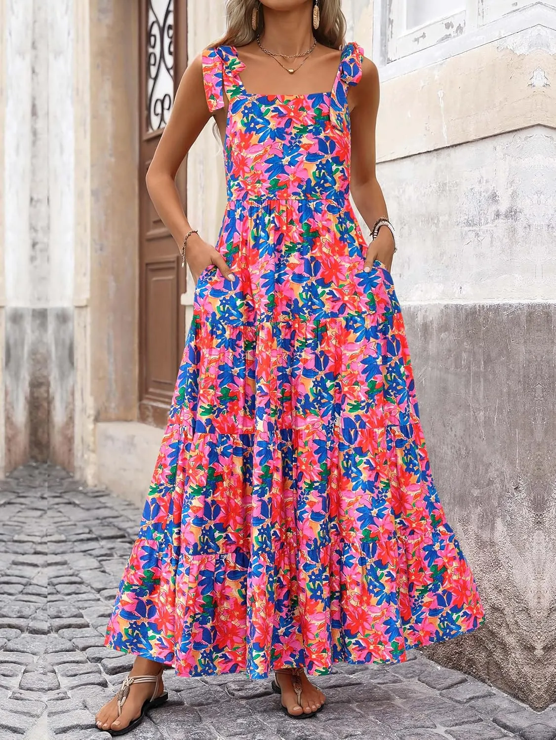 PRETTYGARDEN Women Dresses 2025 Summer Floral Sleeveless Maxi Dress Casual Spaghetti Strap Tiered Flowy Beach Long Dress