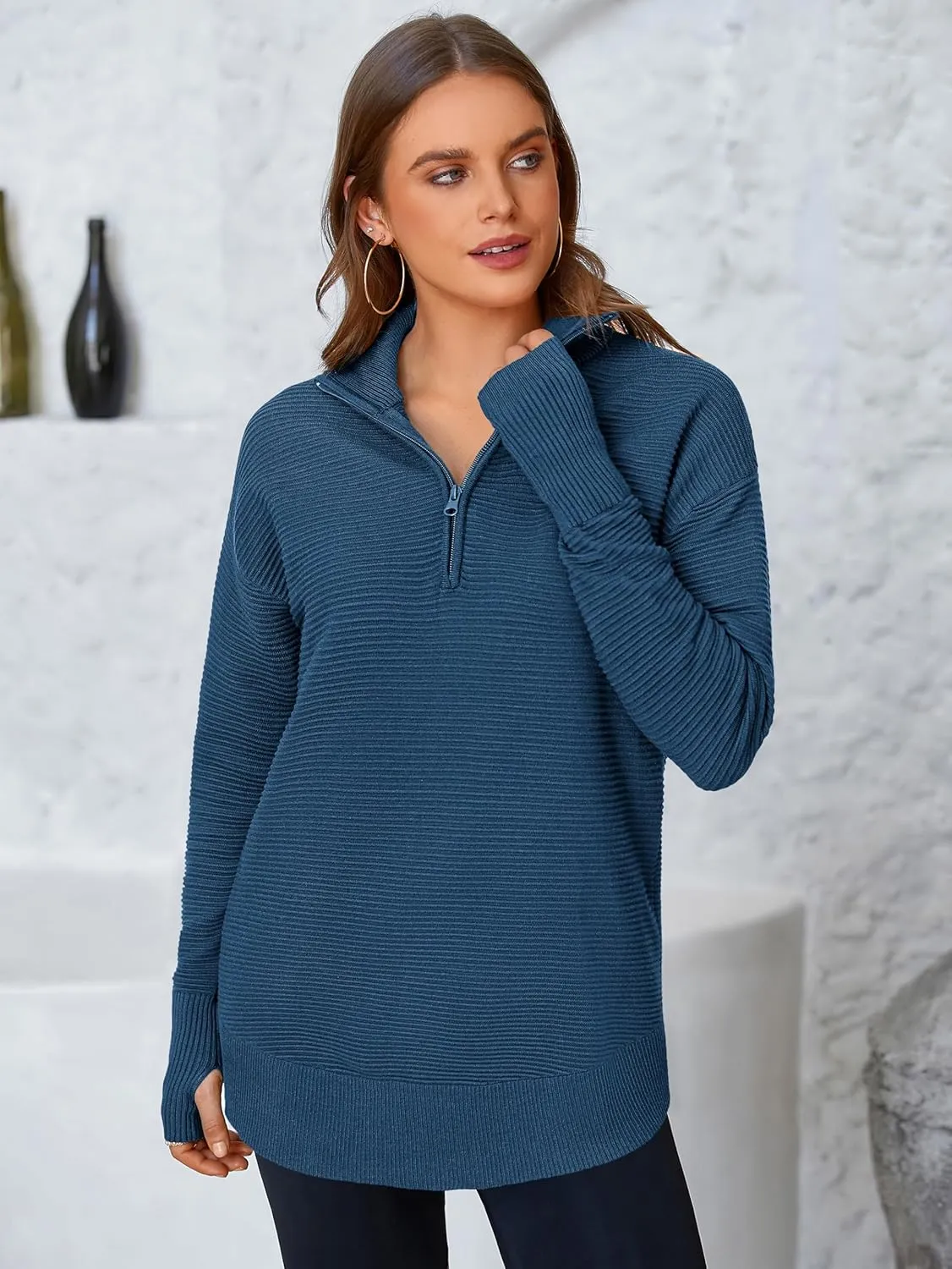 PRETTYGARDEN Womens Long Sleeve Quarter Zip Pullover Sweater Casual Loose V Neck Collared Ribbed Knit Jumper Tops Thumb Hole