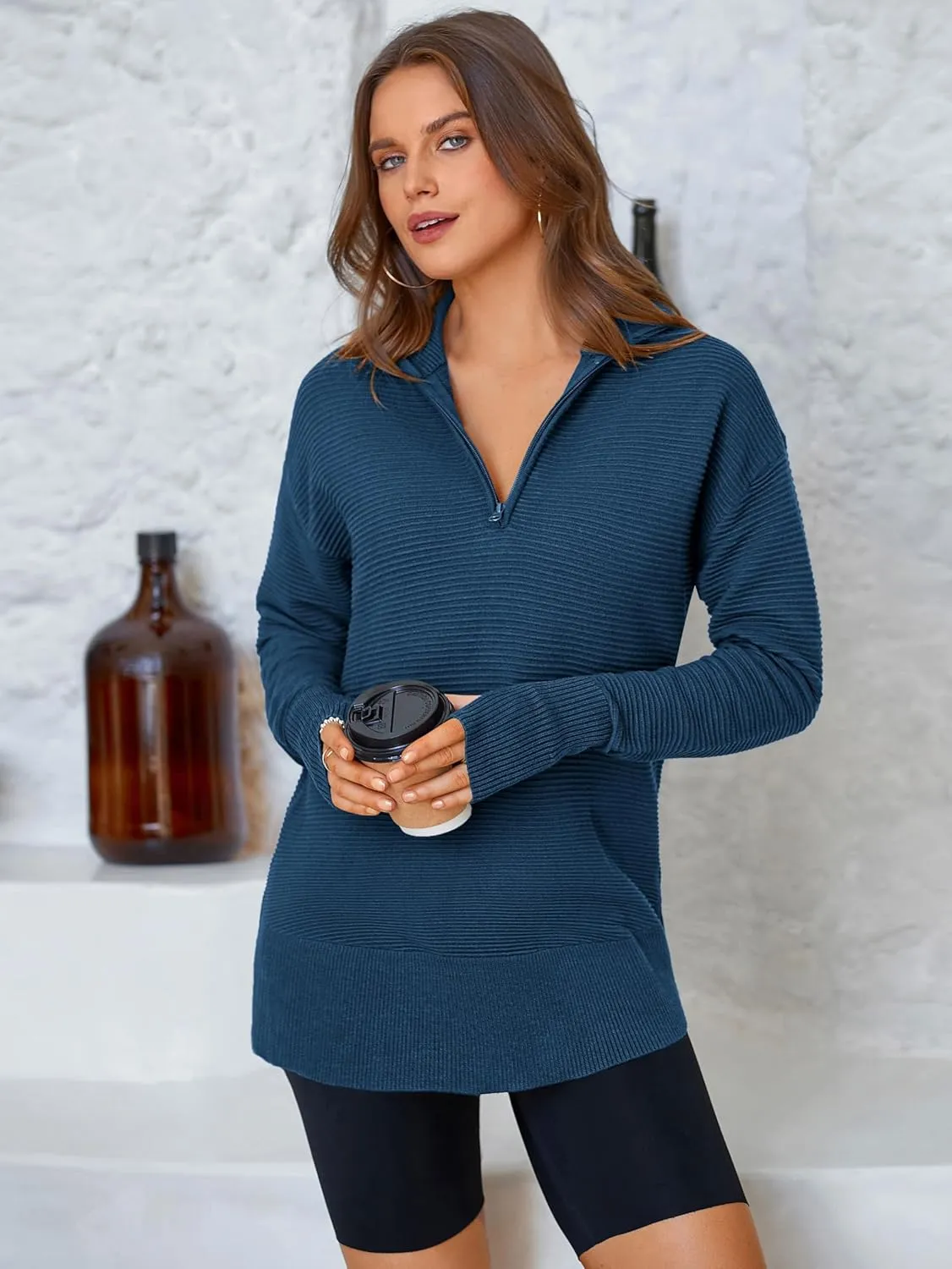 PRETTYGARDEN Womens Long Sleeve Quarter Zip Pullover Sweater Casual Loose V Neck Collared Ribbed Knit Jumper Tops Thumb Hole