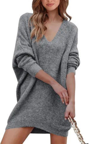 PRETTYGARDEN Women's Pullover Sweater Dress Casual Long Sleeve Ribbed Knit V Neck Loose Oversized Sweaters Dresses