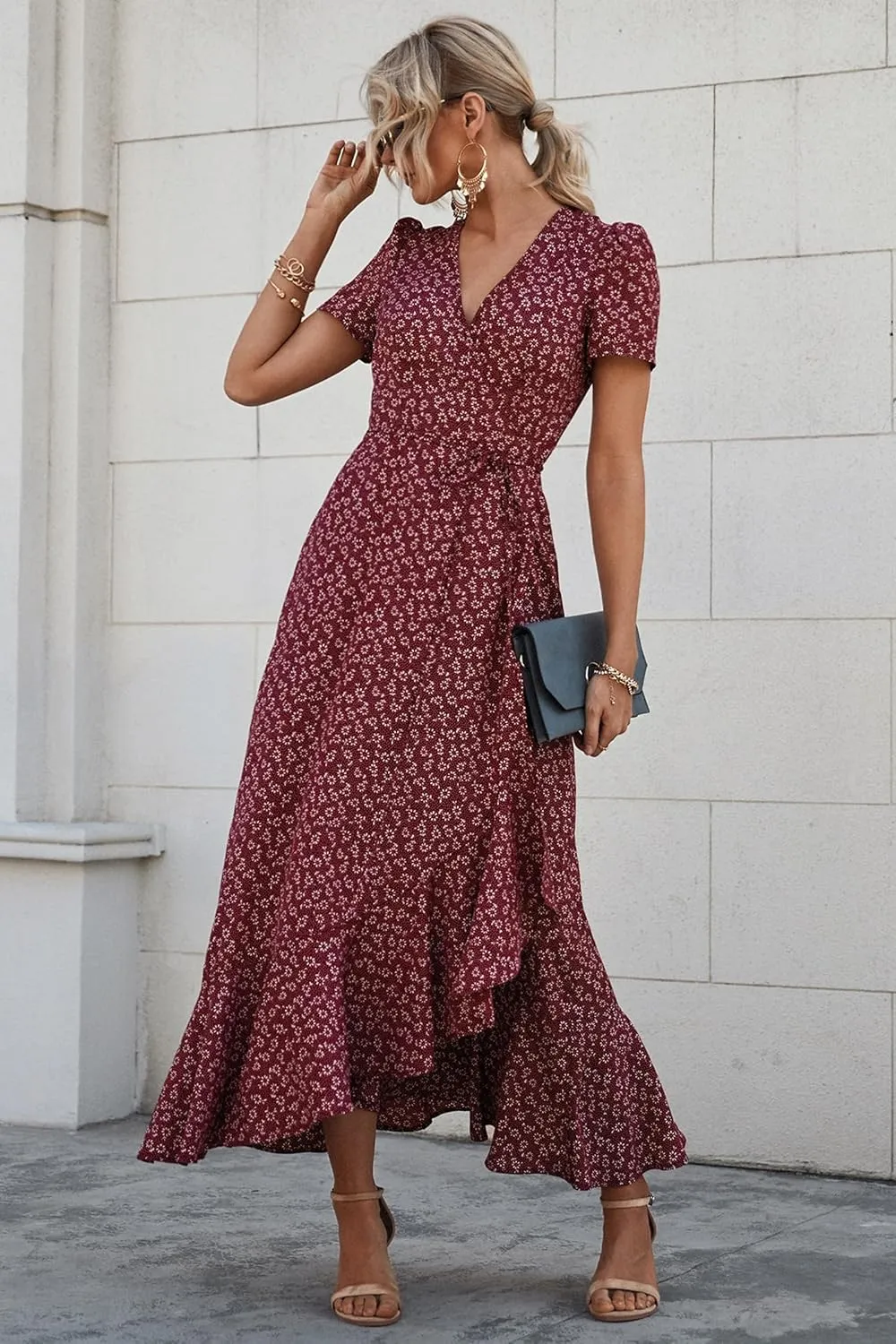 PRETTYGARDEN Women's Summer Maxi Dress Casual Wrap Floral Boho Short Sleeve V Neck Split Ruffle Beach Long Dresses