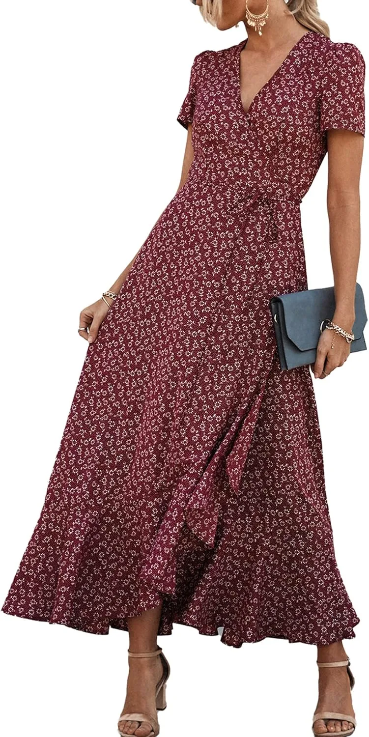 PRETTYGARDEN Women's Summer Maxi Dress Casual Wrap Floral Boho Short Sleeve V Neck Split Ruffle Beach Long Dresses