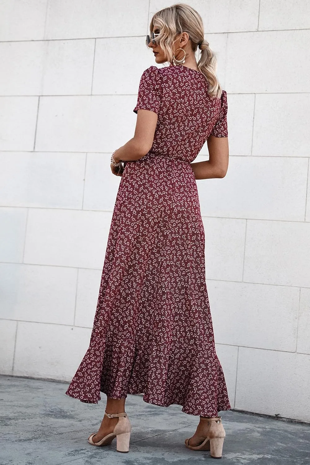 PRETTYGARDEN Women's Summer Maxi Dress Casual Wrap Floral Boho Short Sleeve V Neck Split Ruffle Beach Long Dresses
