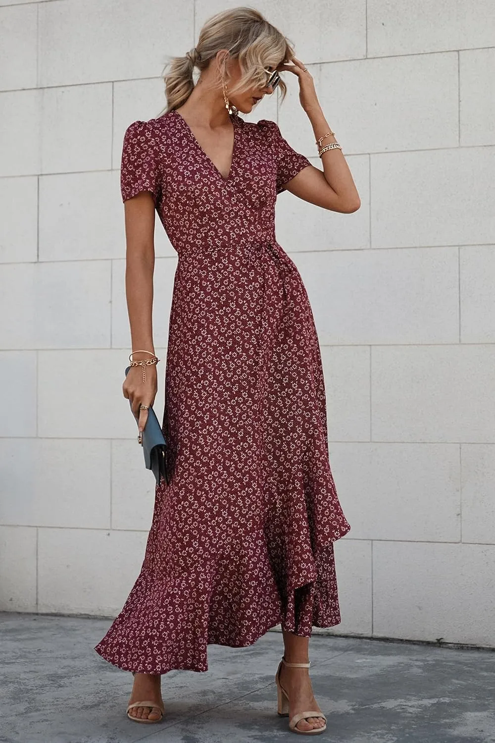 PRETTYGARDEN Women's Summer Maxi Dress Casual Wrap Floral Boho Short Sleeve V Neck Split Ruffle Beach Long Dresses