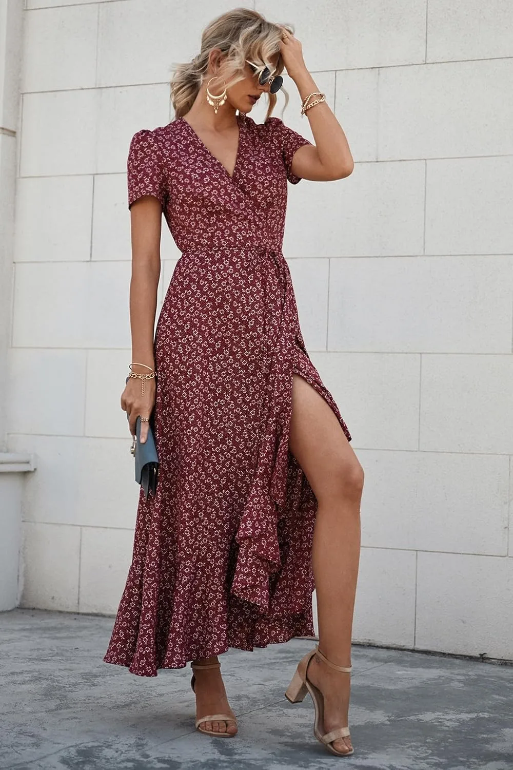 PRETTYGARDEN Women's Summer Maxi Dress Casual Wrap Floral Boho Short Sleeve V Neck Split Ruffle Beach Long Dresses