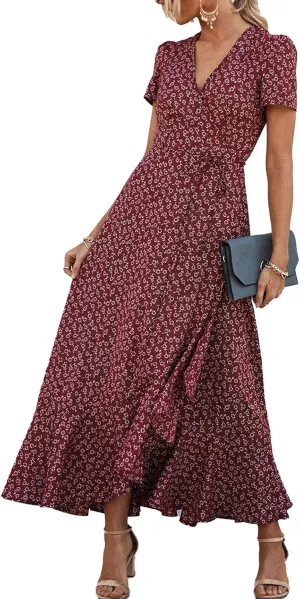 PRETTYGARDEN Women's Summer Maxi Dress Casual Wrap Floral Boho Short Sleeve V Neck Split Ruffle Beach Long Dresses