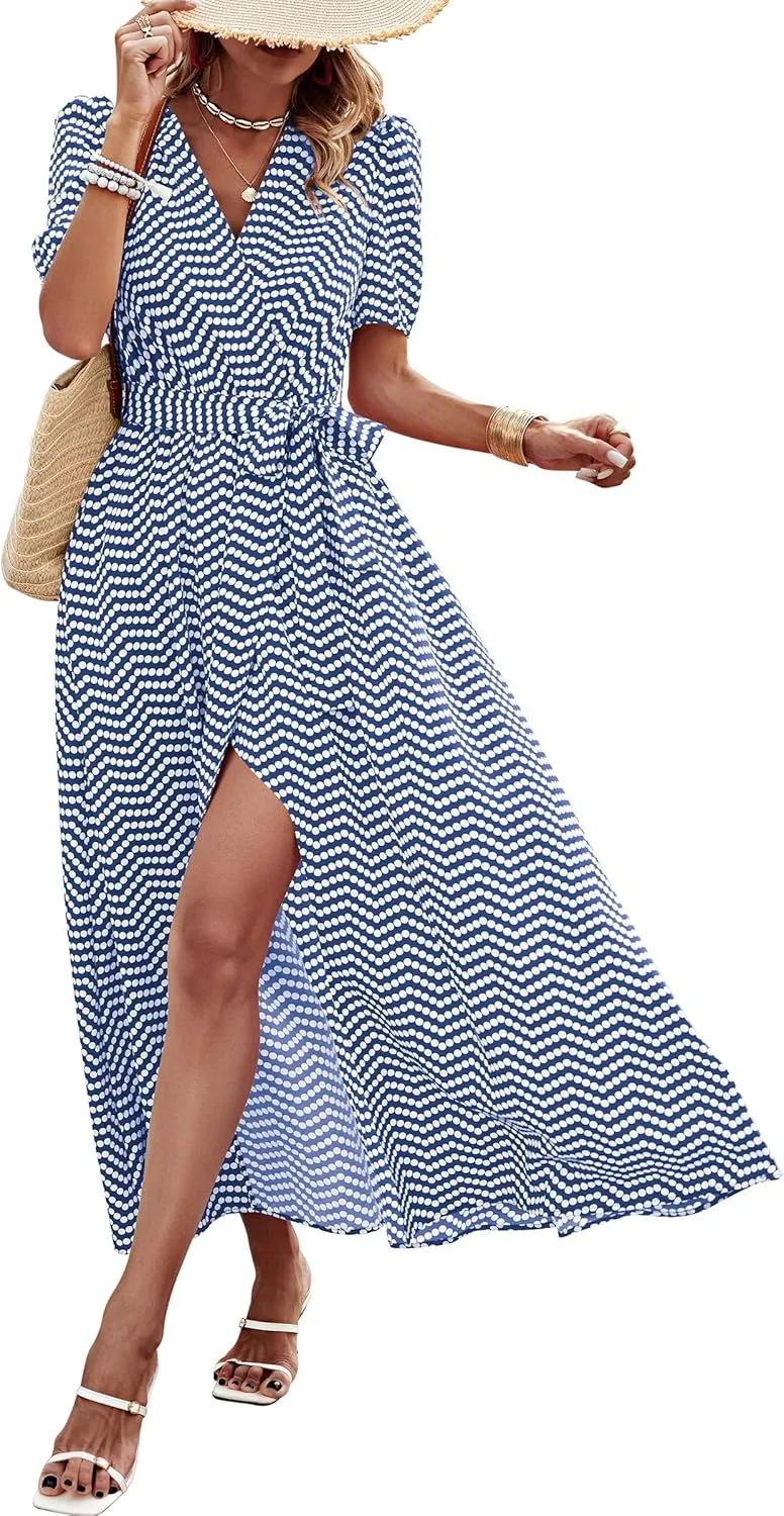 PRETTYGARDEN Women's Summer Maxi Dress Casual Wrap Floral Boho Short Sleeve V Neck Split Ruffle Beach Long Dresses