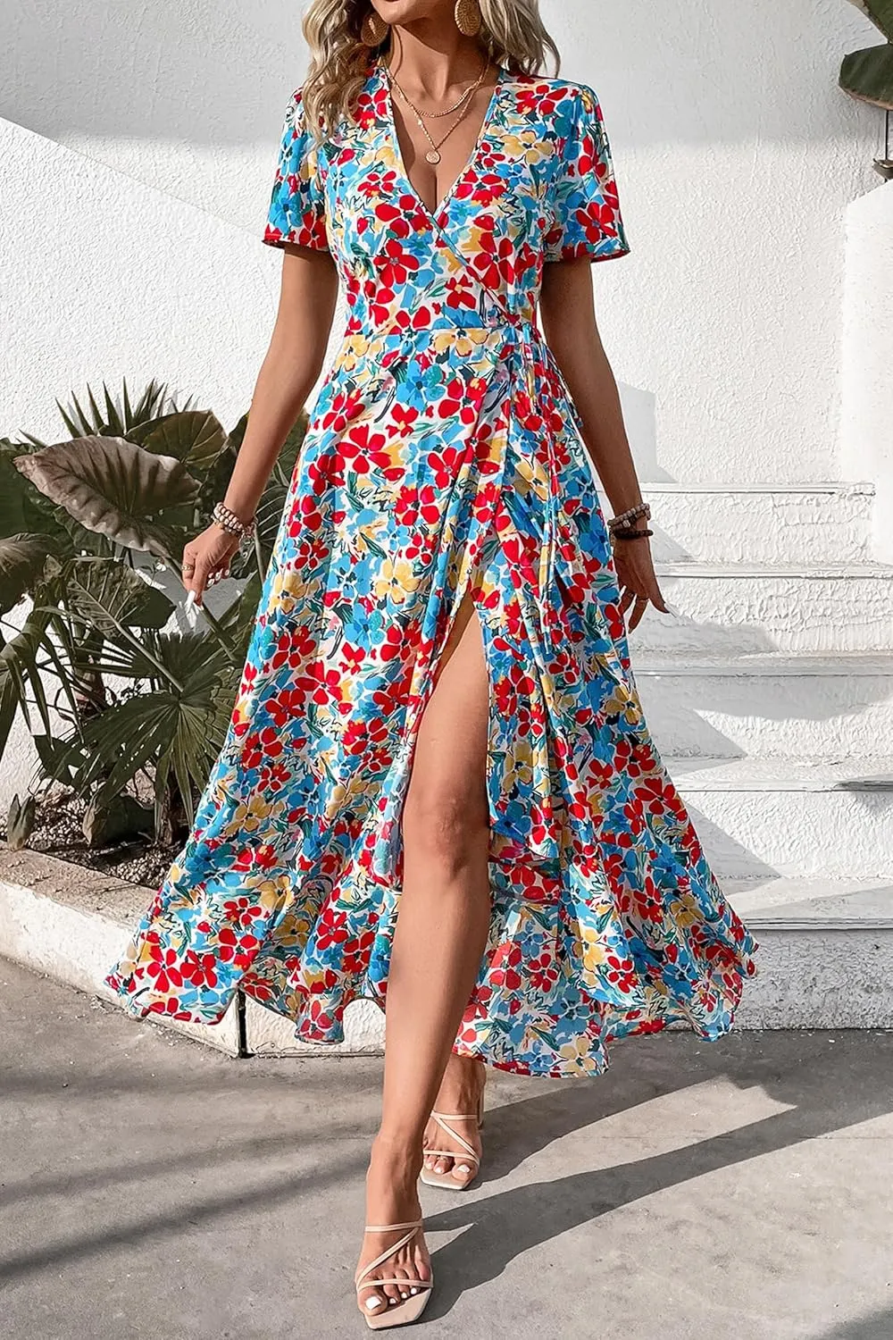 PRETTYGARDEN Women's Summer Maxi Dress Casual Wrap Floral Boho Short Sleeve V Neck Split Ruffle Beach Long Dresses