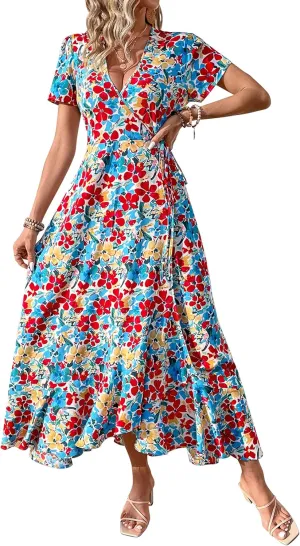 PRETTYGARDEN Women's Summer Maxi Dress Casual Wrap Floral Boho Short Sleeve V Neck Split Ruffle Beach Long Dresses