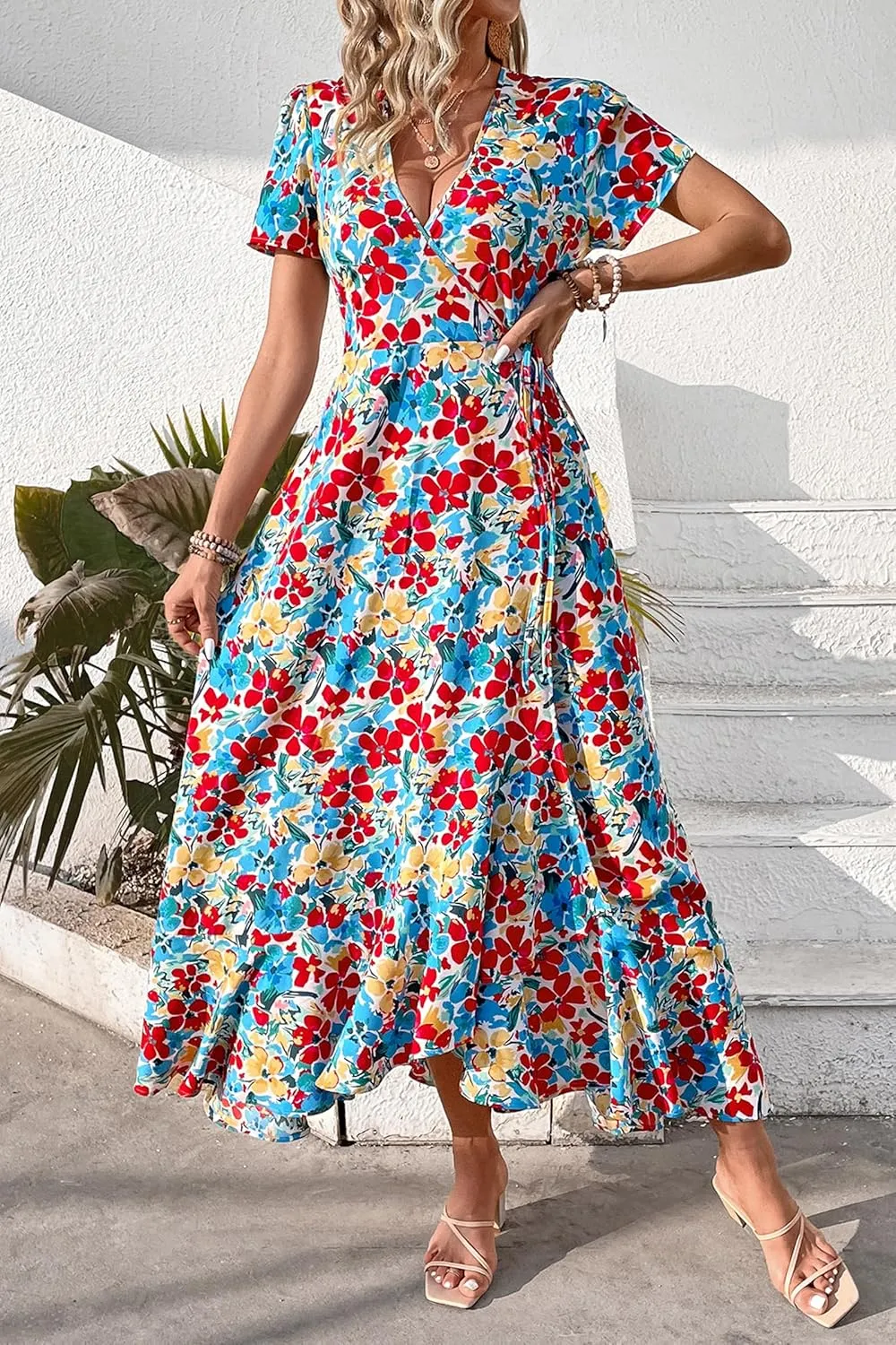 PRETTYGARDEN Women's Summer Maxi Dress Casual Wrap Floral Boho Short Sleeve V Neck Split Ruffle Beach Long Dresses