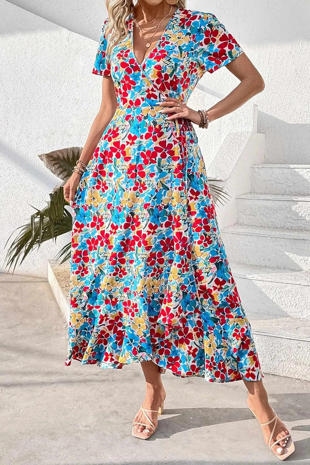PRETTYGARDEN Women's Summer Maxi Dress Casual Wrap Floral Boho Short Sleeve V Neck Split Ruffle Beach Long Dresses
