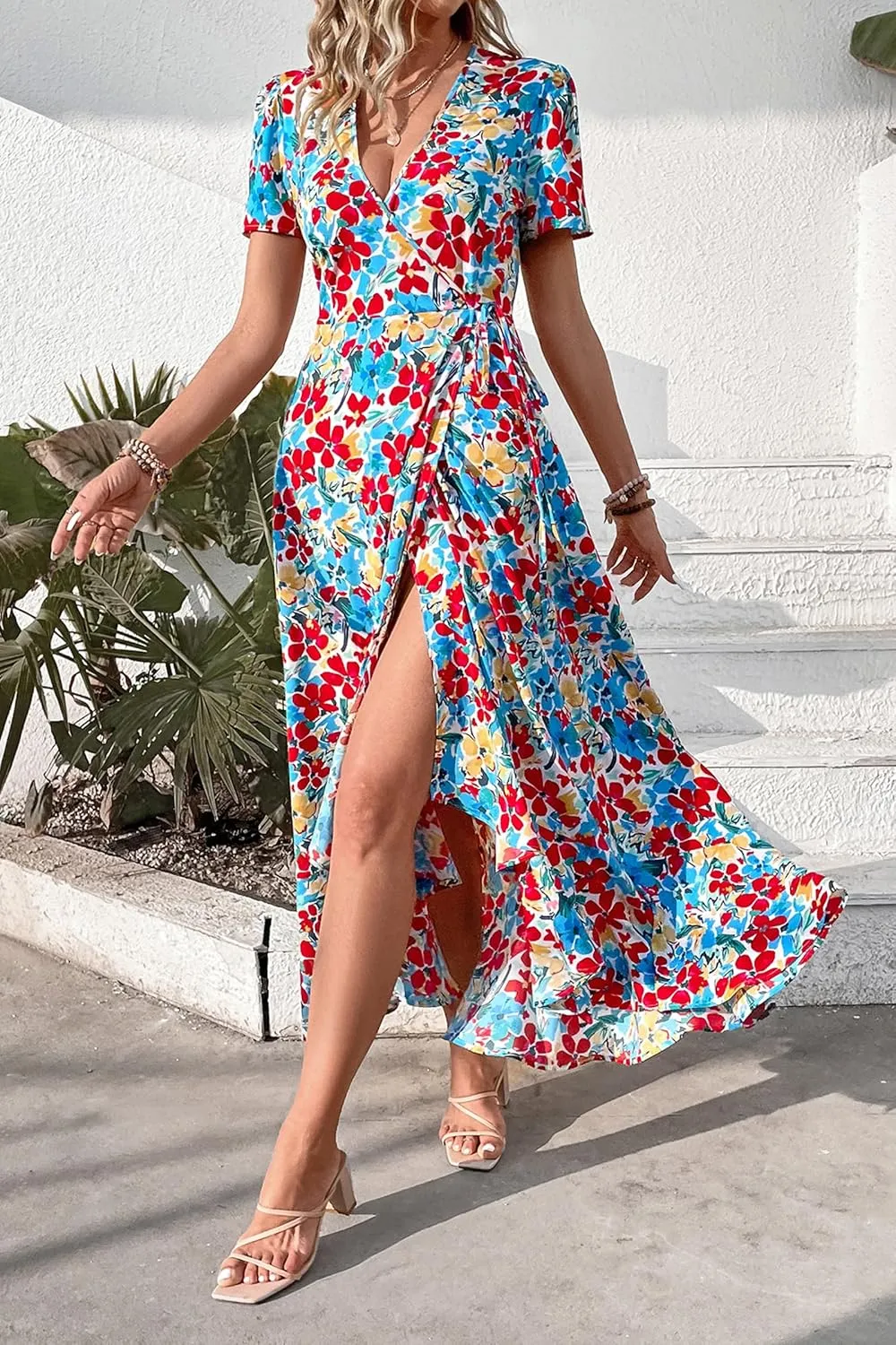 PRETTYGARDEN Women's Summer Maxi Dress Casual Wrap Floral Boho Short Sleeve V Neck Split Ruffle Beach Long Dresses