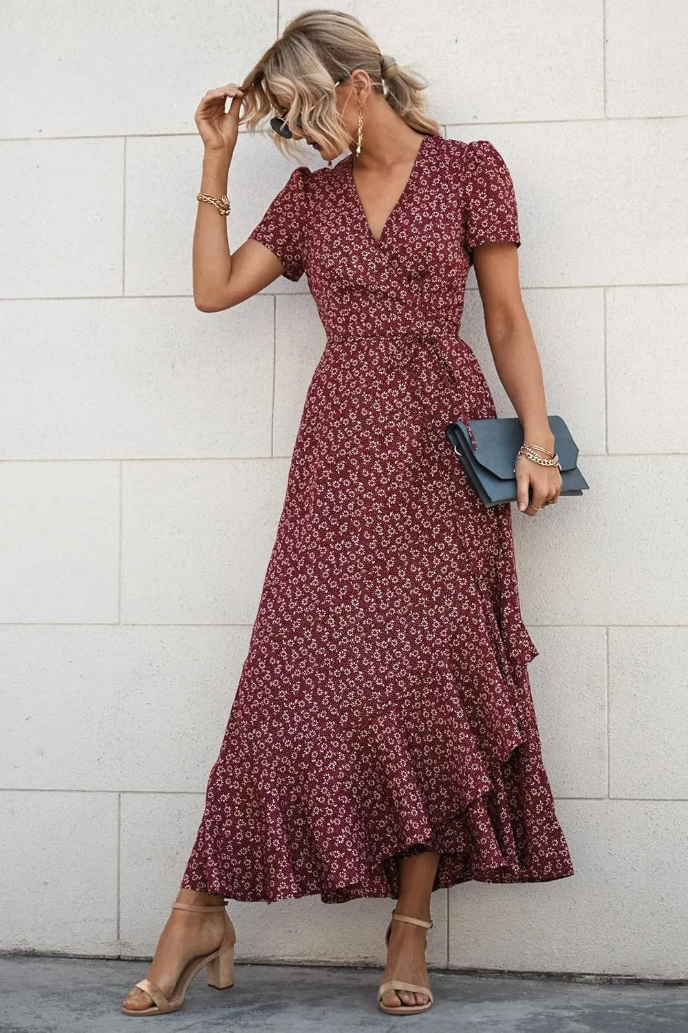PRETTYGARDEN Women's Summer Maxi Dress Casual Wrap Floral Boho Short Sleeve V Neck Split Ruffle Beach Long Dresses