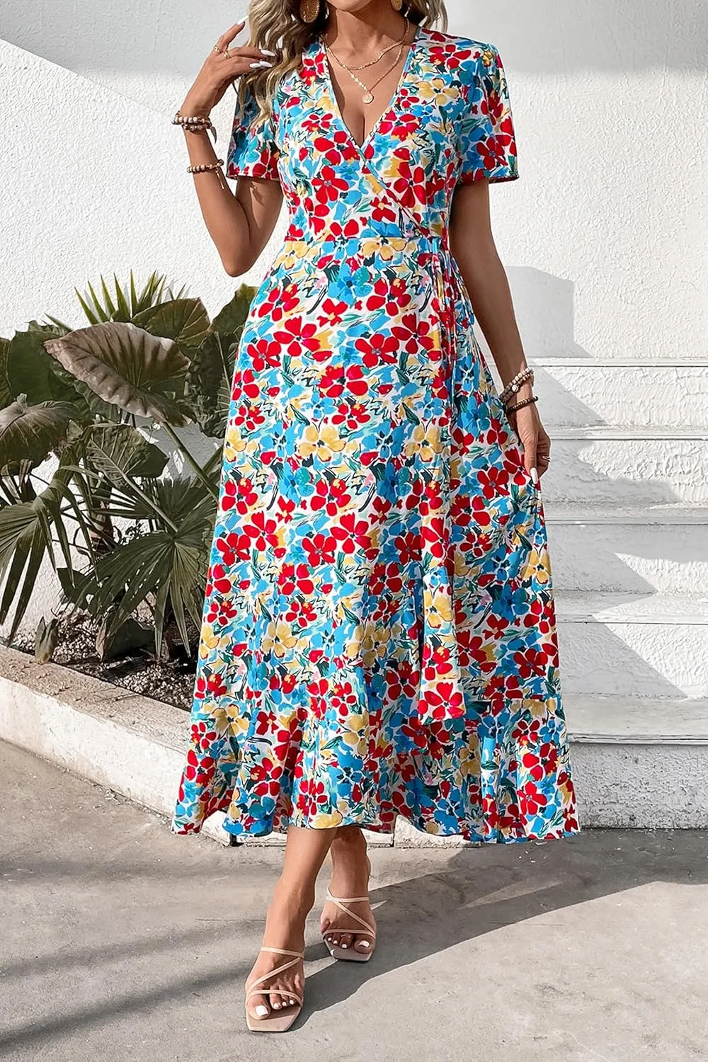 PRETTYGARDEN Women's Summer Maxi Dress Casual Wrap Floral Boho Short Sleeve V Neck Split Ruffle Beach Long Dresses