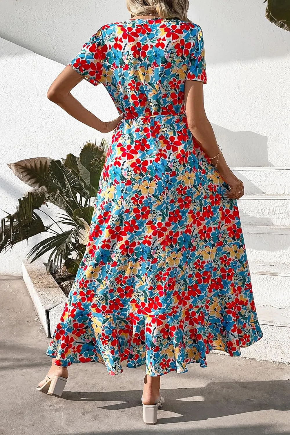 PRETTYGARDEN Women's Summer Maxi Dress Casual Wrap Floral Boho Short Sleeve V Neck Split Ruffle Beach Long Dresses