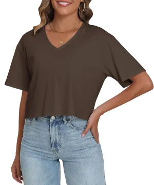 PRIMODA Women's Oversized Crop Tops Boxy V Neck Short Sleeve Cropped T Shirts Loose Summer Workout Crop Tee Tops