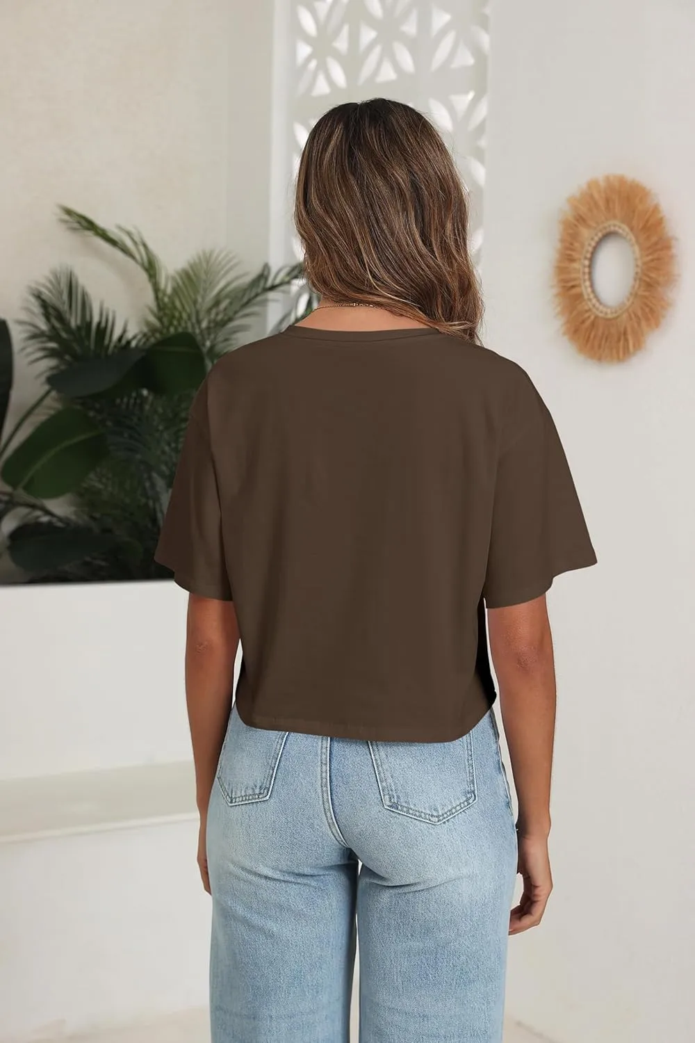 PRIMODA Women's Oversized Crop Tops Boxy V Neck Short Sleeve Cropped T Shirts Loose Summer Workout Crop Tee Tops