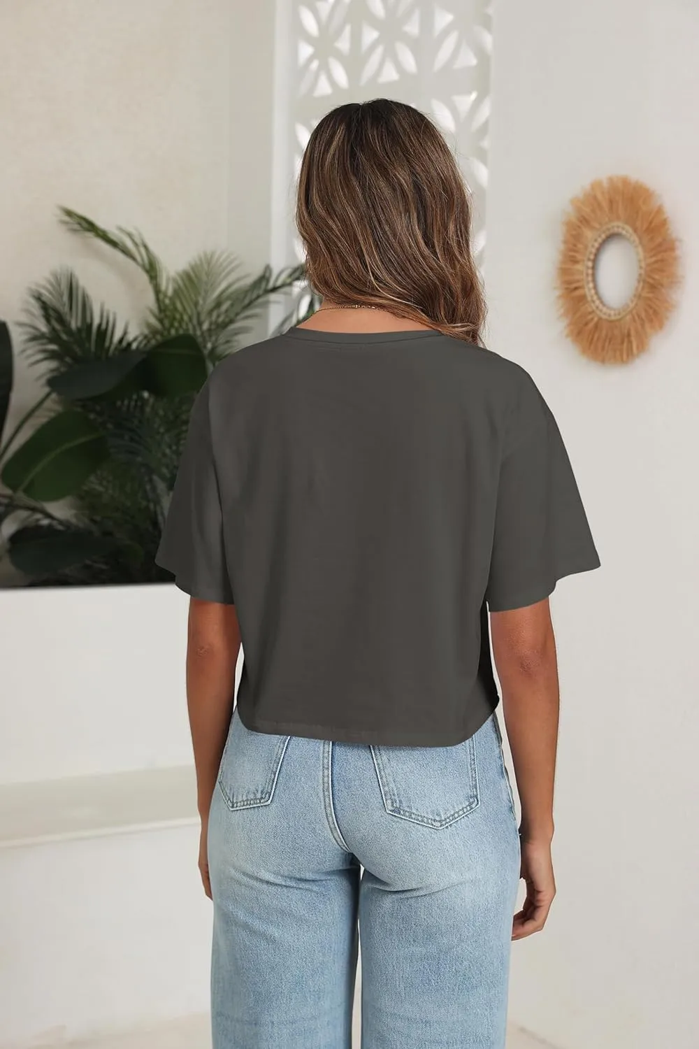 PRIMODA Women's Oversized Crop Tops Boxy V Neck Short Sleeve Cropped T Shirts Loose Summer Workout Crop Tee Tops