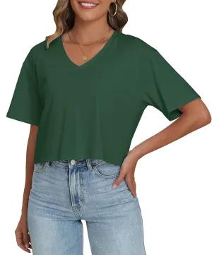 PRIMODA Women's Oversized Crop Tops Boxy V Neck Short Sleeve Cropped T Shirts Loose Summer Workout Crop Tee Tops