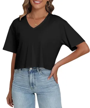 PRIMODA Women's Oversized Crop Tops Boxy V Neck Short Sleeve Cropped T Shirts Loose Summer Workout Crop Tee Tops