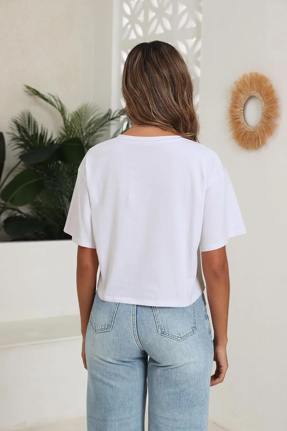 PRIMODA Women's Oversized Crop Tops Boxy V Neck Short Sleeve Cropped T Shirts Loose Summer Workout Crop Tee Tops