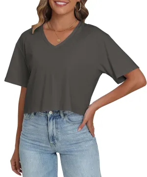 PRIMODA Women's Oversized Crop Tops Boxy V Neck Short Sleeve Cropped T Shirts Loose Summer Workout Crop Tee Tops