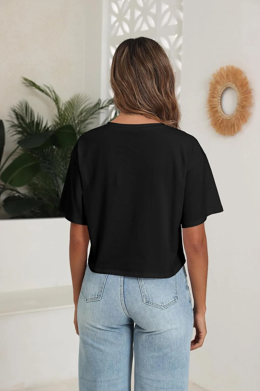 PRIMODA Women's Oversized Crop Tops Boxy V Neck Short Sleeve Cropped T Shirts Loose Summer Workout Crop Tee Tops