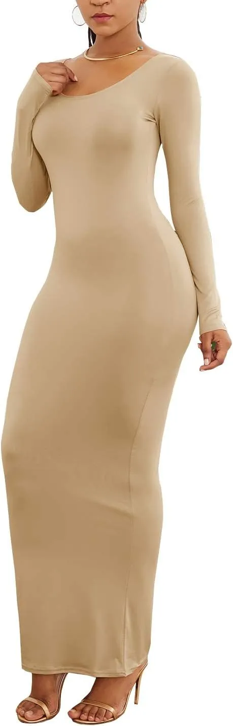 PRIMODA Women's Turtleneck Long Sleeve Bodycon Maxi Dress Casual Long Dress