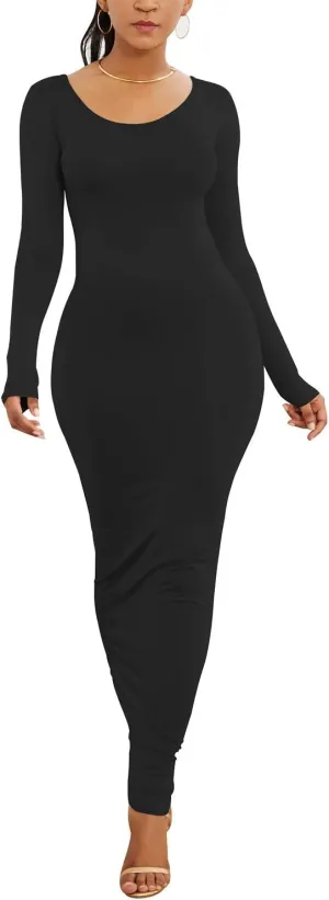 PRIMODA Women's Turtleneck Long Sleeve Bodycon Maxi Dress Casual Long Dress