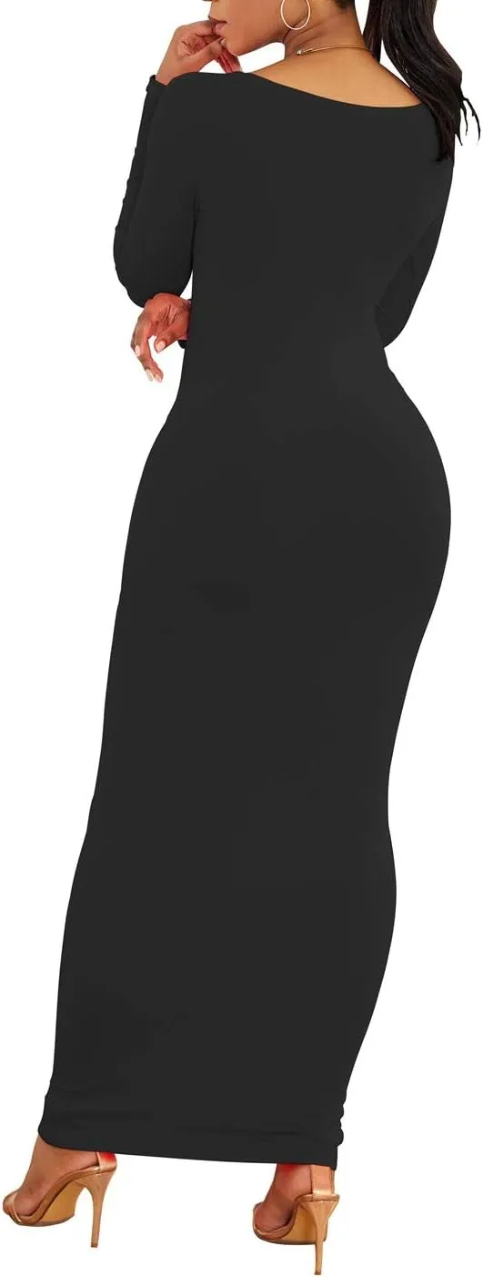 PRIMODA Women's Turtleneck Long Sleeve Bodycon Maxi Dress Casual Long Dress