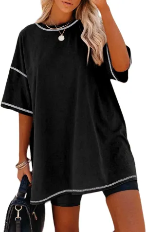 Remidoo Women's Oversized T Shirt Crewneck Solid Short Sleeve Baggy Cotton Tees