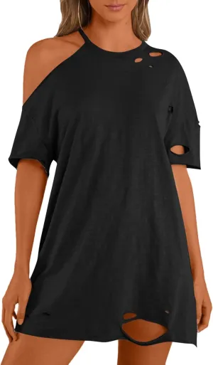 Remidoo Women's Oversized Tshirt Short Sleeve Distressed Ripped Tee Shirt Asymmetrical Neck Top