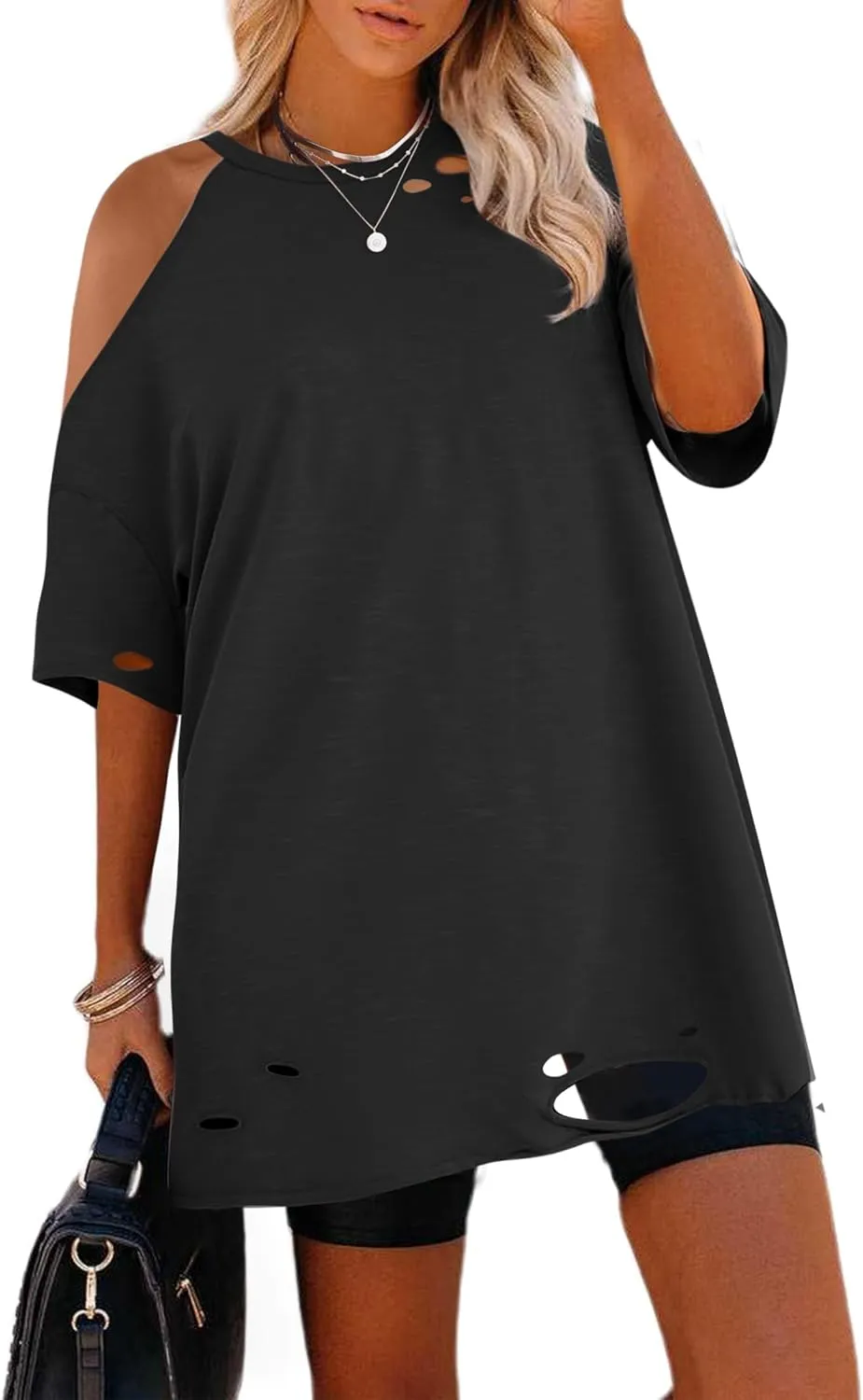 Remidoo Women's Oversized Tshirt Short Sleeve Distressed Ripped Tee Shirt Asymmetrical Neck Top