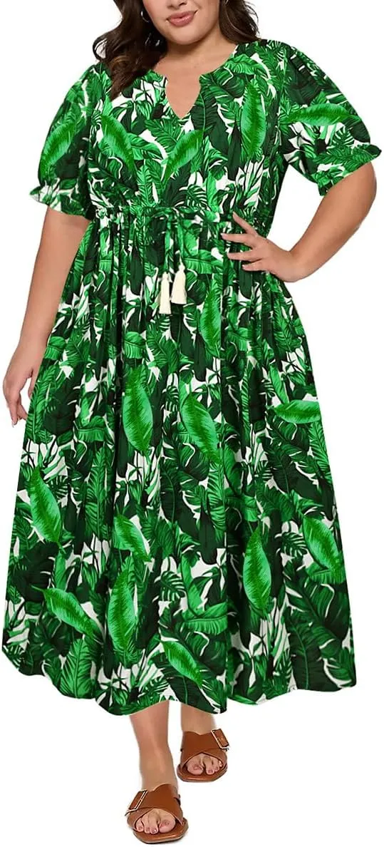 RITERA Plus Size Midi Dress for Women 2025 Casual V NeckShort Sleeve Ruffle Flowy Boho Drawstring Tassel Waist XL-5XL