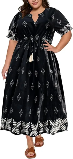 RITERA Plus Size Midi Dress for Women 2025 Casual V NeckShort Sleeve Ruffle Flowy Boho Drawstring Tassel Waist XL-5XL