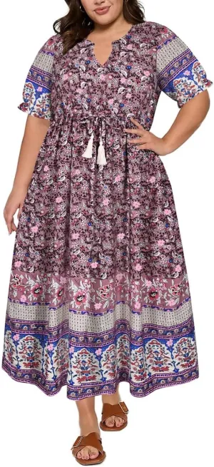 RITERA Plus Size Midi Dress for Women 2025 Casual V NeckShort Sleeve Ruffle Flowy Boho Drawstring Tassel Waist XL-5XL