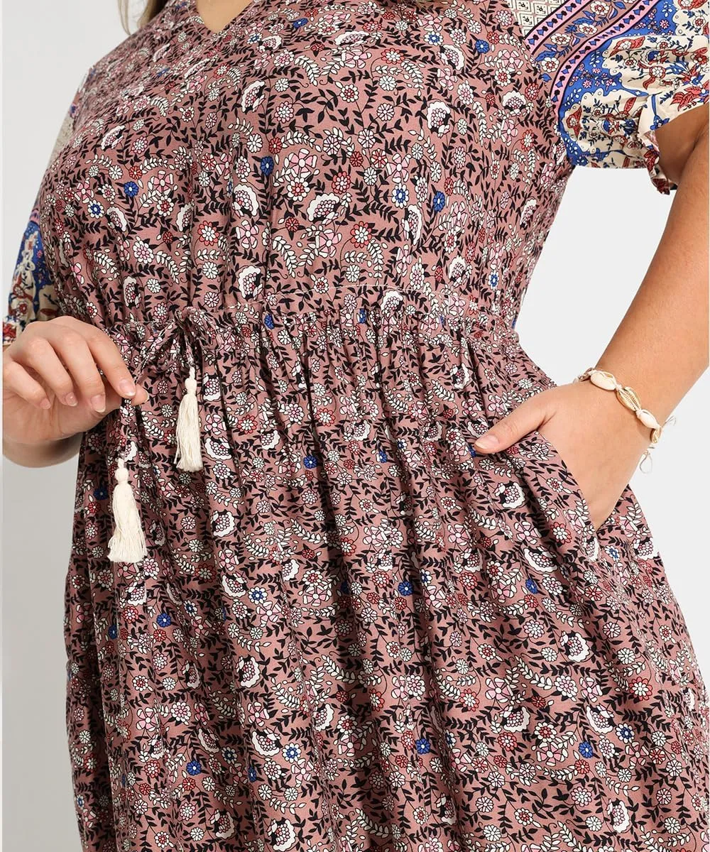 RITERA Plus Size Midi Dress for Women 2025 Casual V NeckShort Sleeve Ruffle Flowy Boho Drawstring Tassel Waist XL-5XL