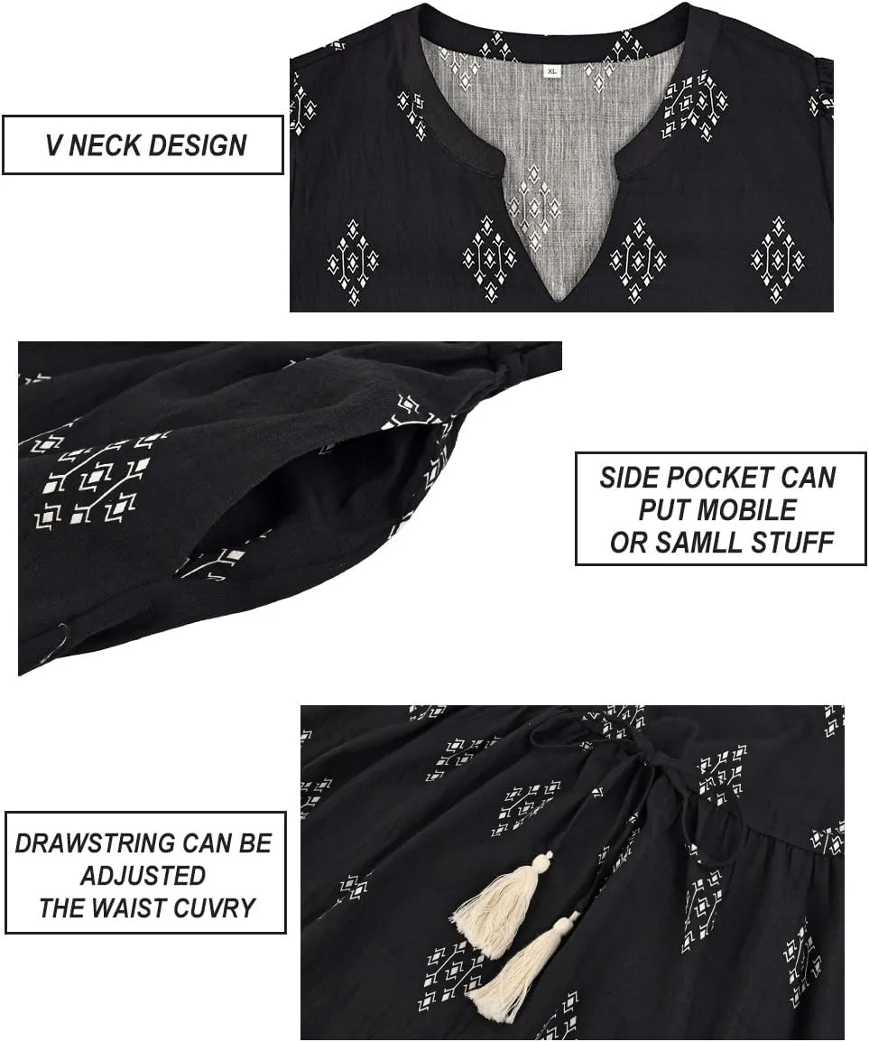 RITERA Plus Size Midi Dress for Women 2025 Casual V NeckShort Sleeve Ruffle Flowy Boho Drawstring Tassel Waist XL-5XL