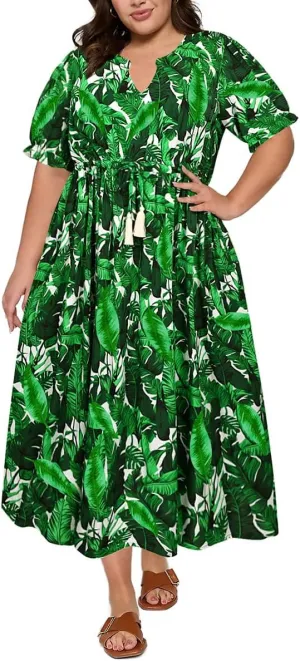 RITERA Plus Size Midi Dress for Women 2025 Casual V NeckShort Sleeve Ruffle Flowy Boho Drawstring Tassel Waist XL-5XL