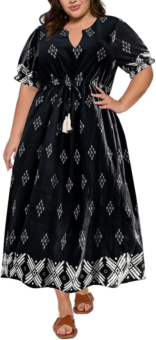 RITERA Plus Size Midi Dress for Women 2025 Casual V NeckShort Sleeve Ruffle Flowy Boho Drawstring Tassel Waist XL-5XL