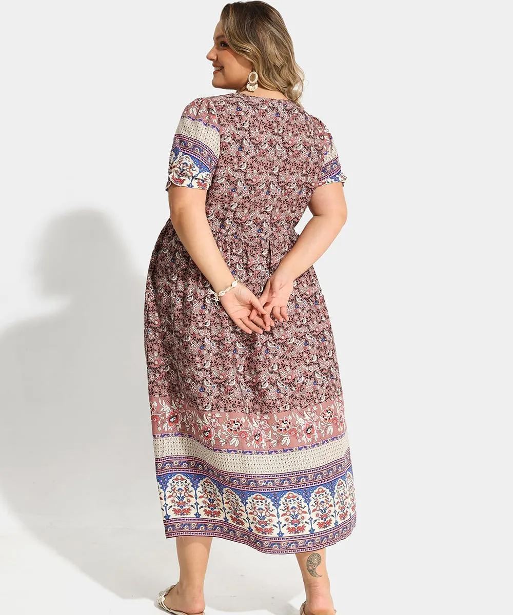 RITERA Plus Size Midi Dress for Women 2025 Casual V NeckShort Sleeve Ruffle Flowy Boho Drawstring Tassel Waist XL-5XL