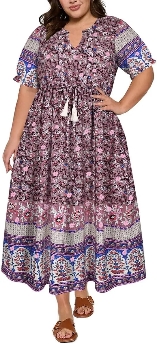 RITERA Plus Size Midi Dress for Women 2025 Casual V NeckShort Sleeve Ruffle Flowy Boho Drawstring Tassel Waist XL-5XL