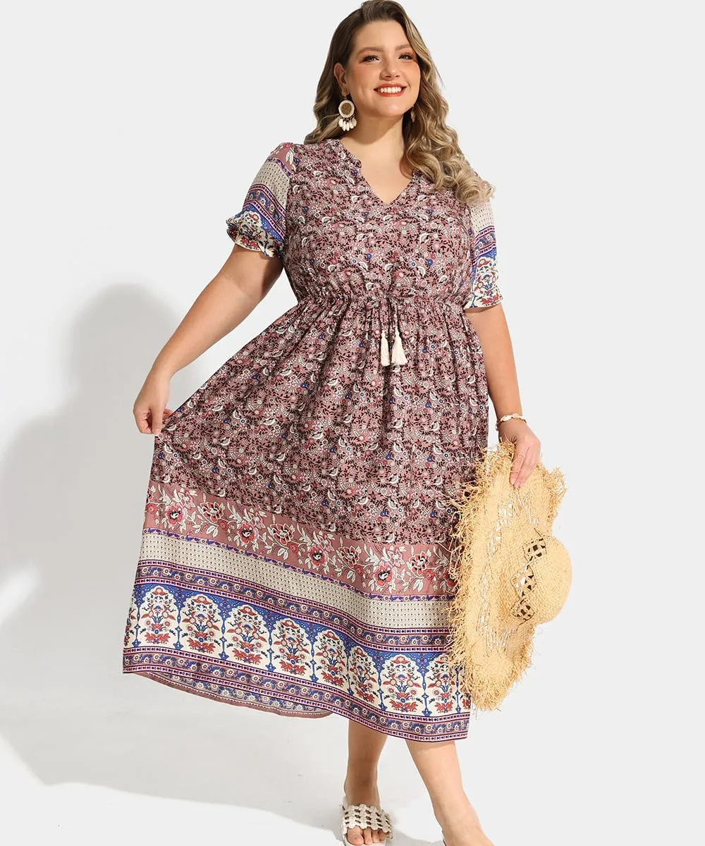 RITERA Plus Size Midi Dress for Women 2025 Casual V NeckShort Sleeve Ruffle Flowy Boho Drawstring Tassel Waist XL-5XL
