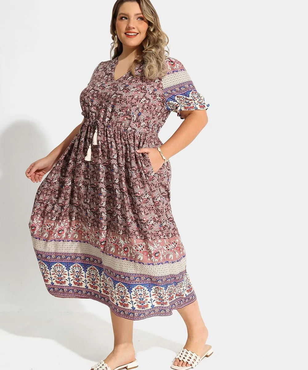 RITERA Plus Size Midi Dress for Women 2025 Casual V NeckShort Sleeve Ruffle Flowy Boho Drawstring Tassel Waist XL-5XL