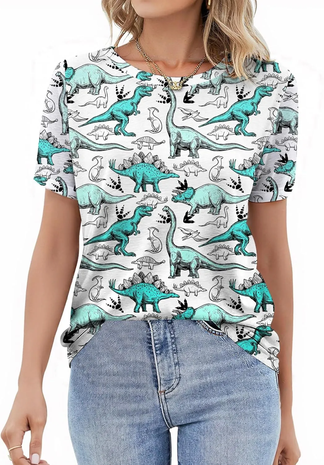 RMCMS Women Dinosaur Shirt Summer Cute Tops Dino Graphic Tees Casual Loose Short Sleeve Blouse