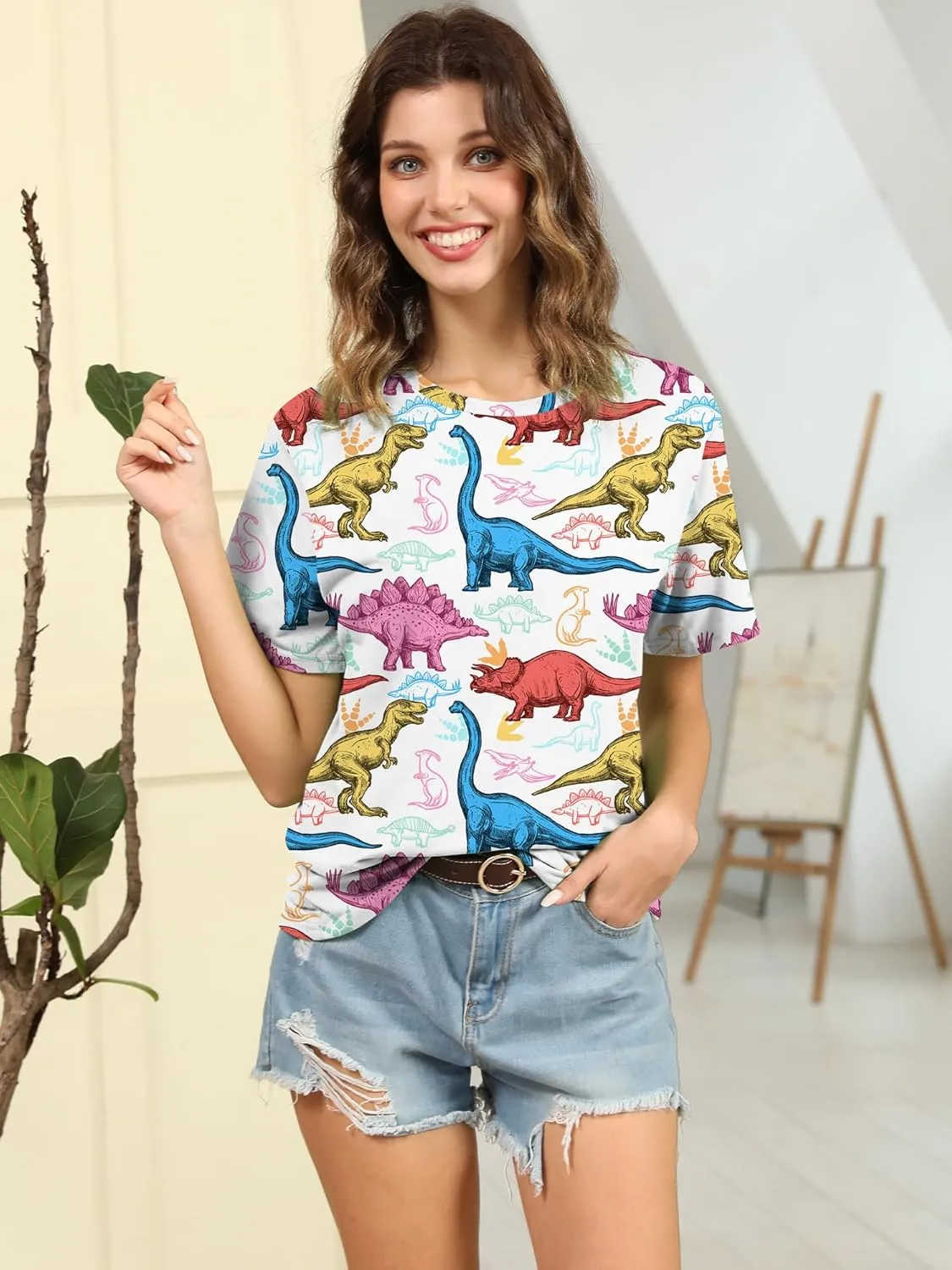 RMCMS Women Dinosaur Shirt Summer Cute Tops Dino Graphic Tees Casual Loose Short Sleeve Blouse