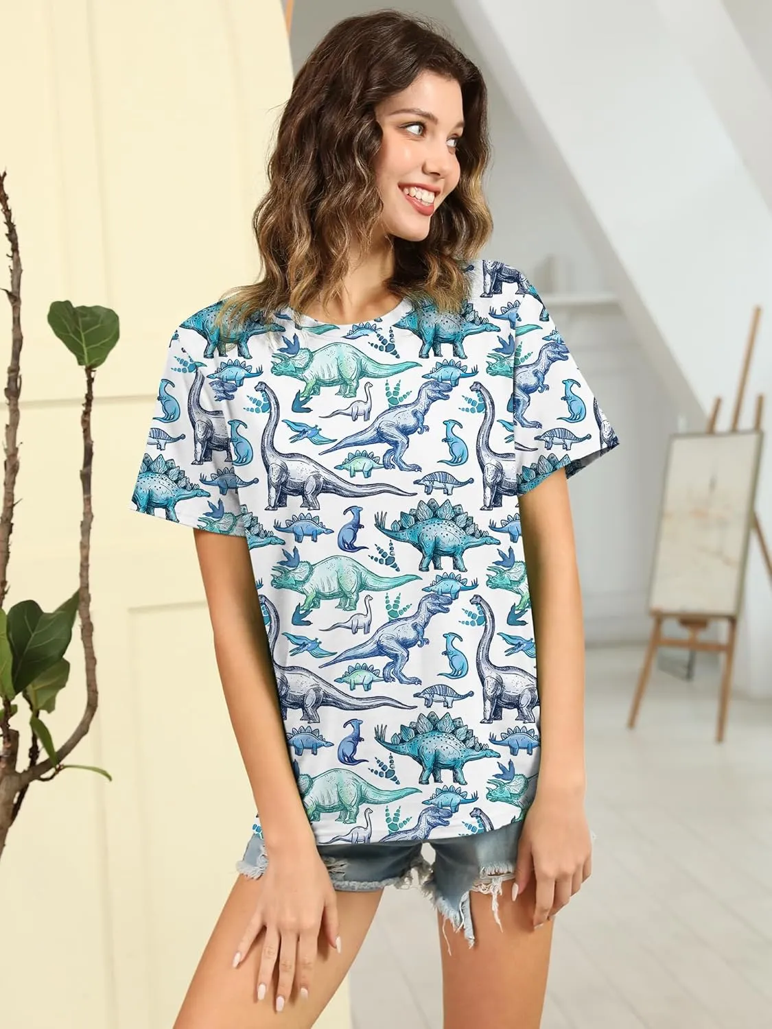 RMCMS Women Dinosaur Shirt Summer Cute Tops Dino Graphic Tees Casual Loose Short Sleeve Blouse