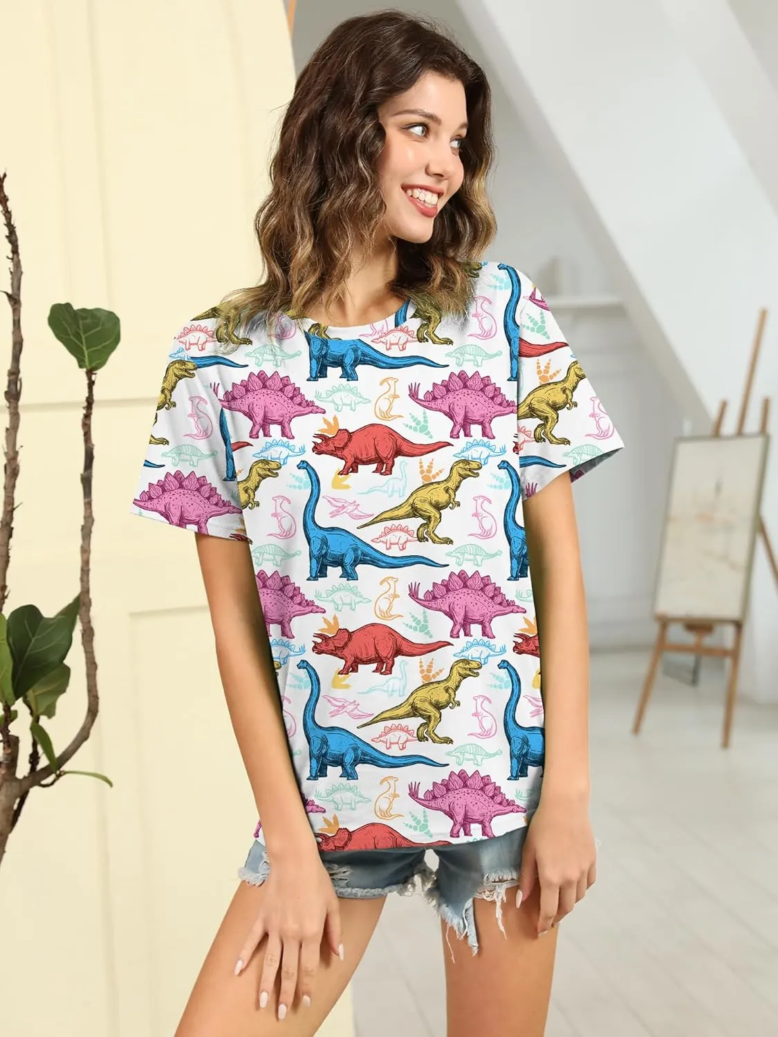 RMCMS Women Dinosaur Shirt Summer Cute Tops Dino Graphic Tees Casual Loose Short Sleeve Blouse